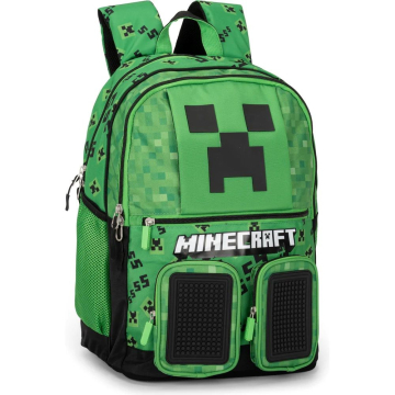 Ученическа зелена раница майнкрафт с надпис MINECRAFT, два предни и два странични джоба. черно дъно. 