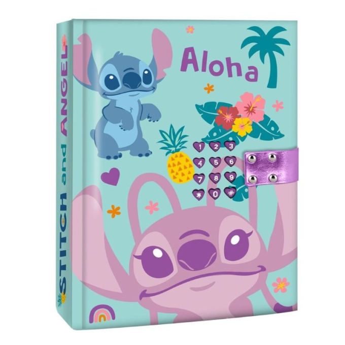 Таен дневник Stitch and Angel с бутони за таен код под формата на лилави сърца. Таен дневник Stitch and Angel с бутони за таен код под формата на лилави сърца.