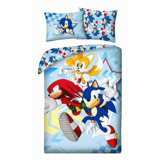 Детски спален комплект Sonic Star. Размер на плик за горна завивка 140x200см и калъфка за възглавница 70x90см. Детски спален комплект Sonic Star. Размер на плик за горна завивка 140x200см и калъфка за възглавница 70x90см.
