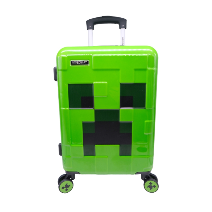Зелен куфар на MINECRAFT с формована черупка, телескопична дръжка и четири колеа по стандарта за кабинен багаж на авиокомпаниите. Зелен куфар на MINECRAFT с формована черупка, телескопична дръжка и четири колеа по стандарта за кабинен багаж на авиокомпаниите.