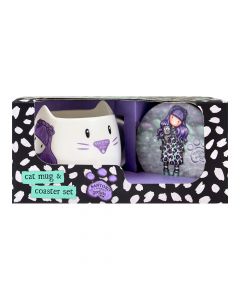 Комплект чаша и подложка за чаша в кутия от колекцията на Santoro Gorjuss. Опаковани са в подаръчна кутия.Чашата е във формата на котка.Бяла е и има лилаво носле и мустаци.Чинийката е кръгла,а върху нея има изобразено малко момиче с лилава коса и шарена р