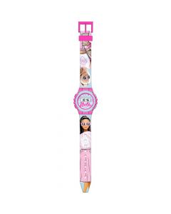 Дигитален розов часовник Barbie. Работи с 24-часова функция. Каишката се закопчава с катарама.