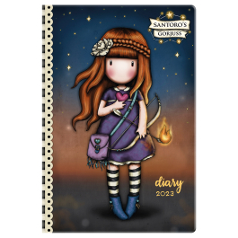 Джобен дневник за 2023 г Santoro Gorjuss Zodiac Flaming Heart има страници с бележки, календар за 23-24г., страници от годината, от месеца и страници за всеки ден от месеца.